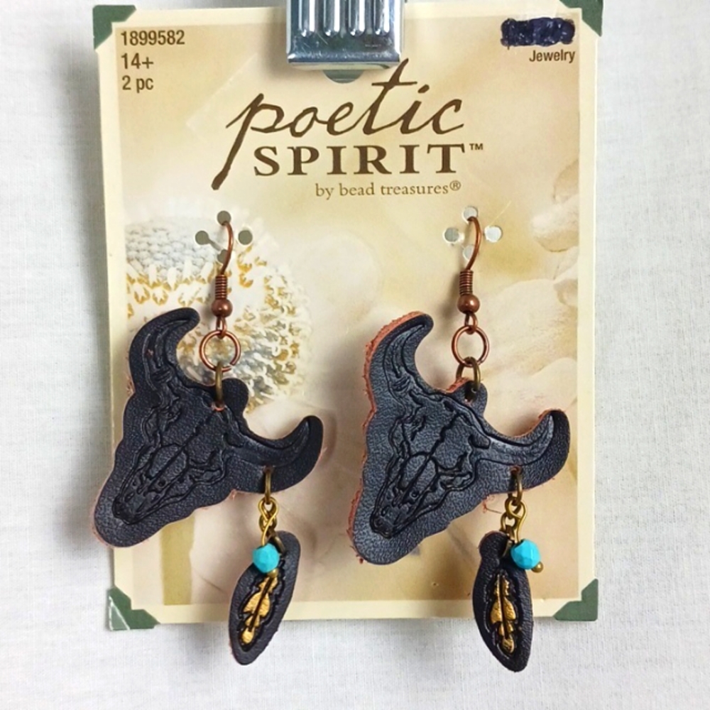 Leather Longhorn western Bull head dangling earrings
